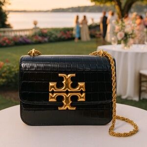 NEW Tory Burch Eleanor Black Embossed Leather Small Convertible Shoulder Bag